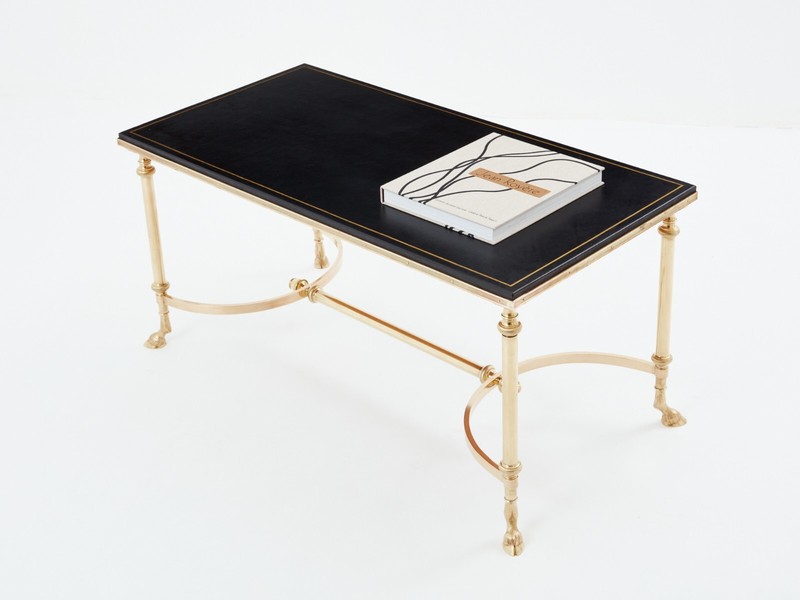 Maison Charles neoclassical coffee table brass black leather 1970s gallery