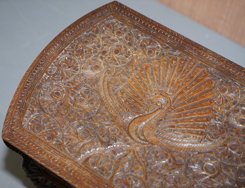 CIRCA 1880 BURMESE HAND CARVED PEACOCK SEWING TABLE CUPBOARD CHEST OPEN TOP gallery