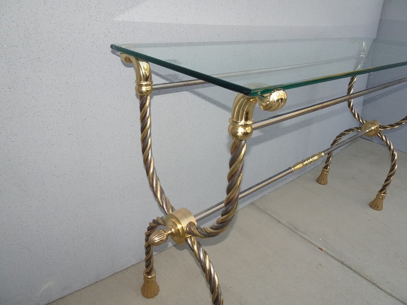 Vintage Brass Chrome Tasseled Twist Rope Sofa Side Table - Hollywood Regency gallery