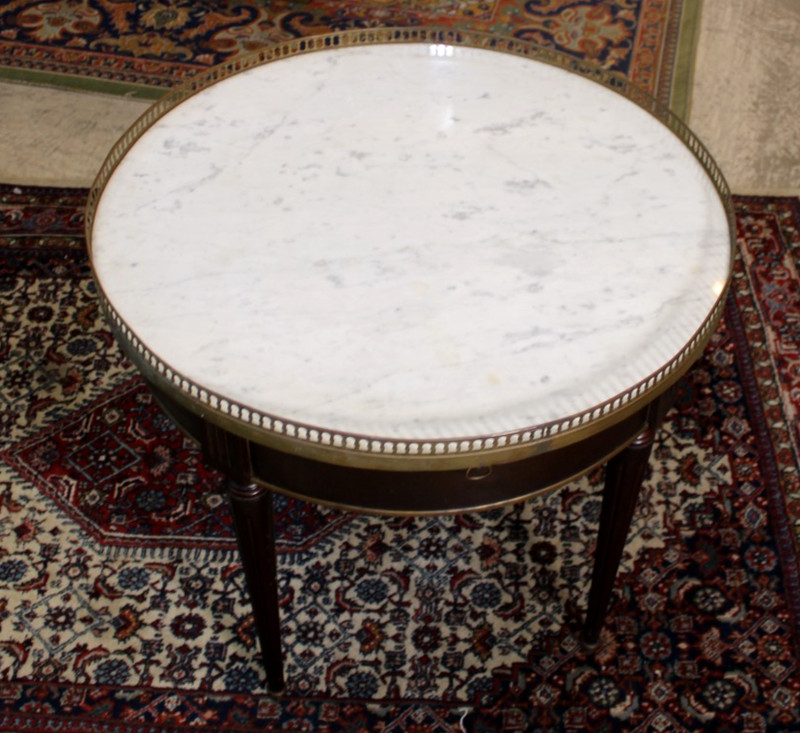 Antique French Louis XVI Mahogany Marble Top Bouillotte Round Side Table gallery