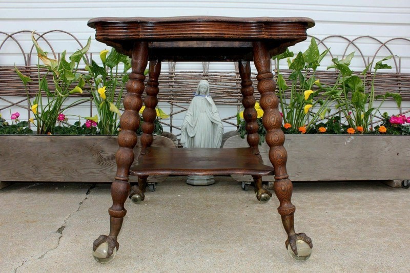 Carved Quartersawn Oak Parlor Lamp Table HUGE Glass Ball Eagle Clawfoot Antique gallery