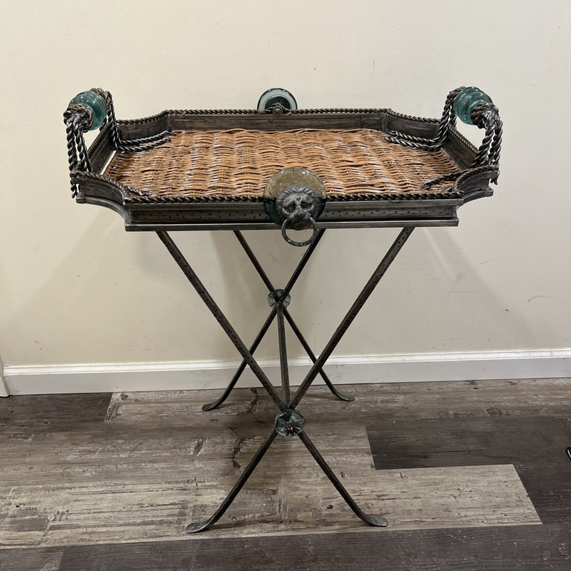 Vintage Maitland Smith Serving Tray Table Neoclassic Rattan Iron Lion Medallion
