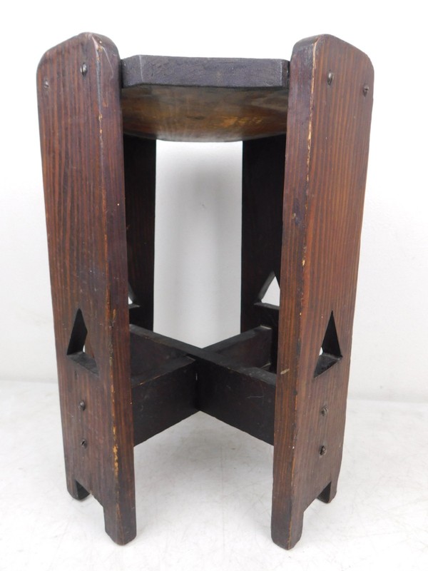 Antique Arts Crafts Mission Pedestal Plant Stand End Table Triangle Cutouts 16"T gallery
