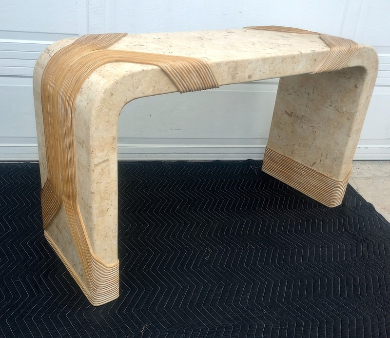 Vintage Maitland Smith Style Tessellated Stone Pencil & Reed Waterfall Console gallery
