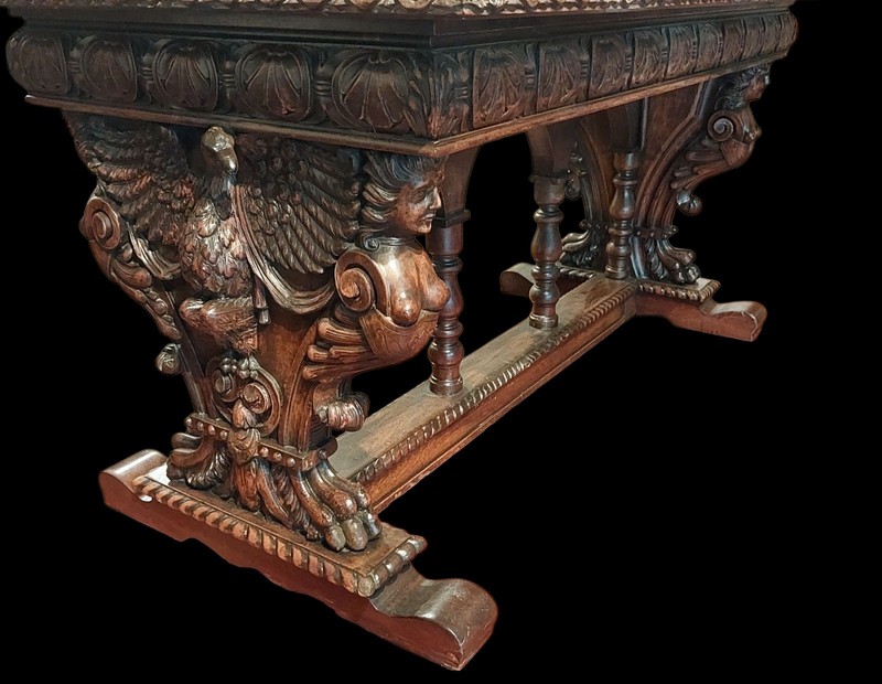 ANTIQUE EAGLE & NAKED WOMAN SUPERB RENAISSANCE CARVED FIGURAL LIBRARY TABLE gallery