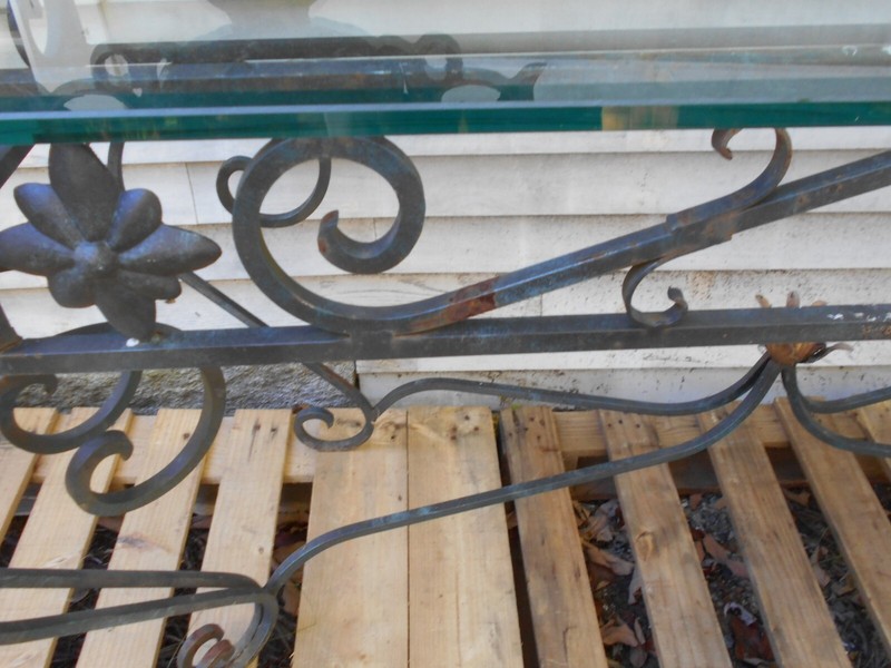 VINTAGE HAND MADE WROUGHT IRON CONSOLE TABLE WITH GLASS TOP shipping available gallery