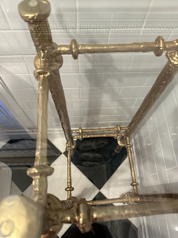 A Giacometti Style Gold Painted Cast Iron Pedestal Table gallery