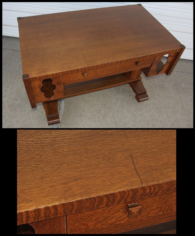 Beefy Antique Arts & Crafts Mission Oak Library Desk Table Bookshelf Ends Office gallery