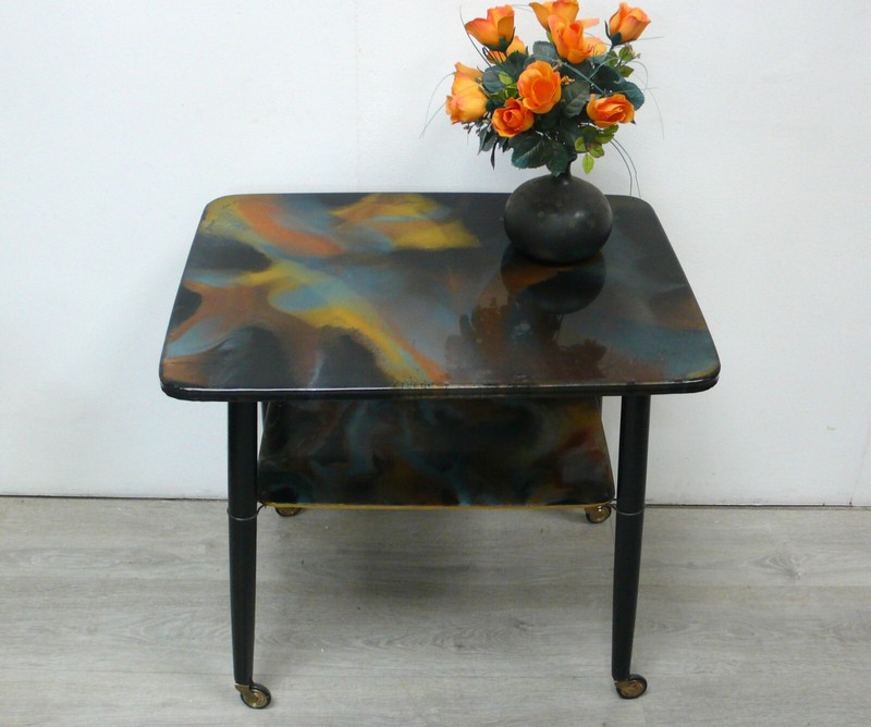 50s Coffee Table w/wheels, black & marbled top Mid Century Modern Germany
