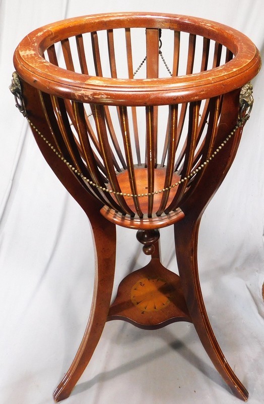 Antique Victorian Mahogany Jardiniere Stand Brass Lion Heads Inlaid tripod c1890