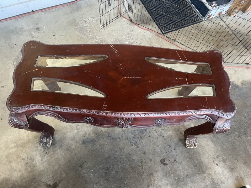 Antique Rectangular Brown Wood & Glass Coffee Table with Carved Claw Feet