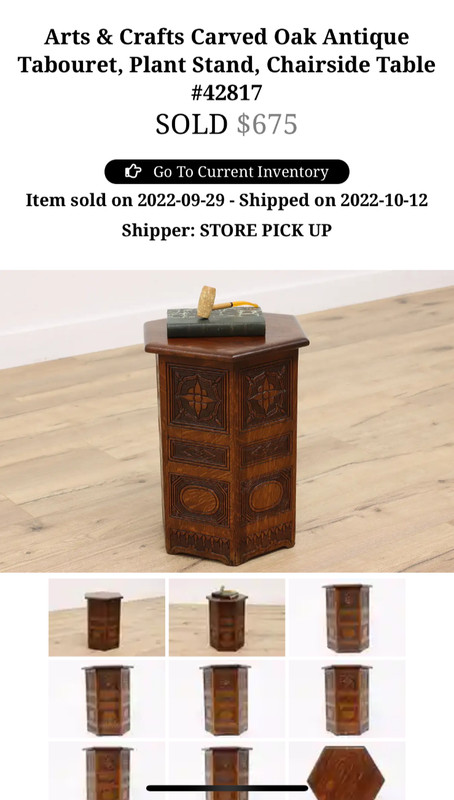 Antique 1910s Arts & Crafts Carved Oak Hexagon TABOURET Plant Stand Side Table gallery