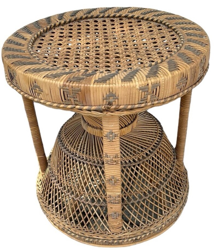 Vintage Emmanuelle Rattan Side Table Wicker Stool Peacock Ottoman Rare 1970s