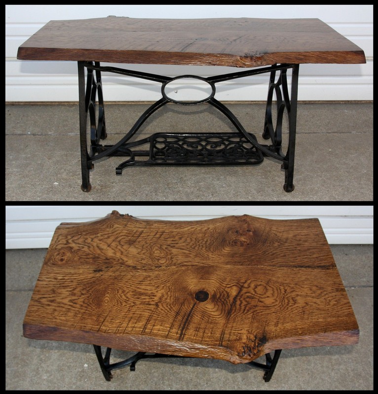 Industrial Live Edge OLD Oak Slab Timber Coffee Table w Iron Sewing Machine Base gallery