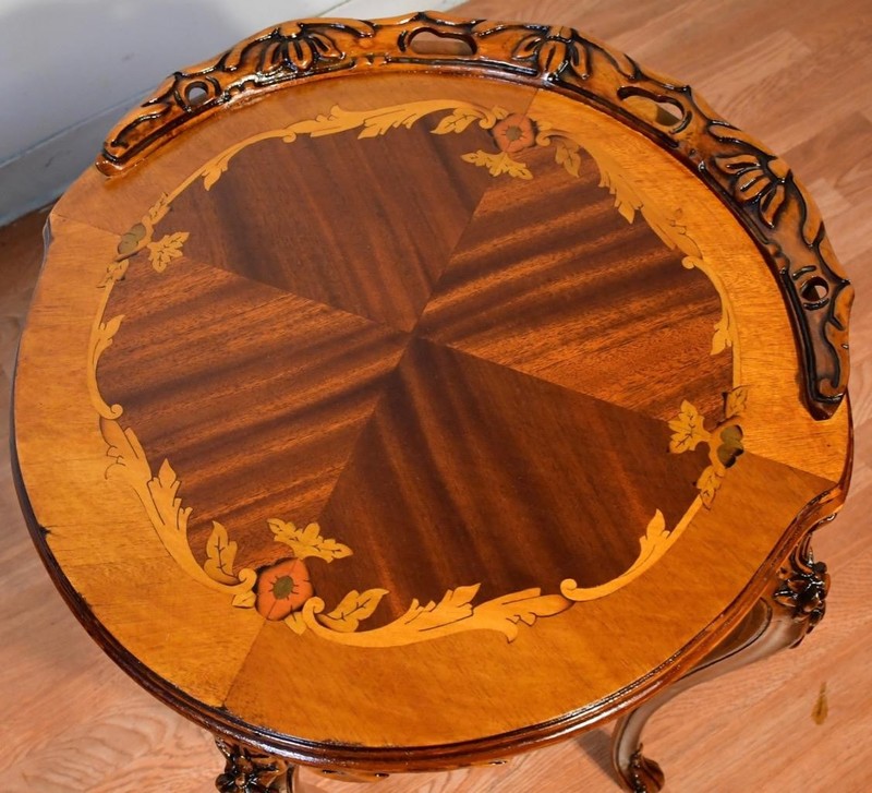 1910s Antique French Louis XV Walnut & Satinwood inlay PAIR of Side / end tables gallery
