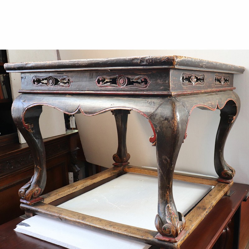 Antique Chinese Qing Red & Black Lacquered Elm Square Center Table 18th century gallery