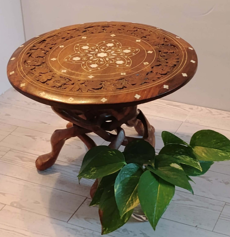 Wooden Indian Carved Table with Inlay Design & Sculptured Legs gallery