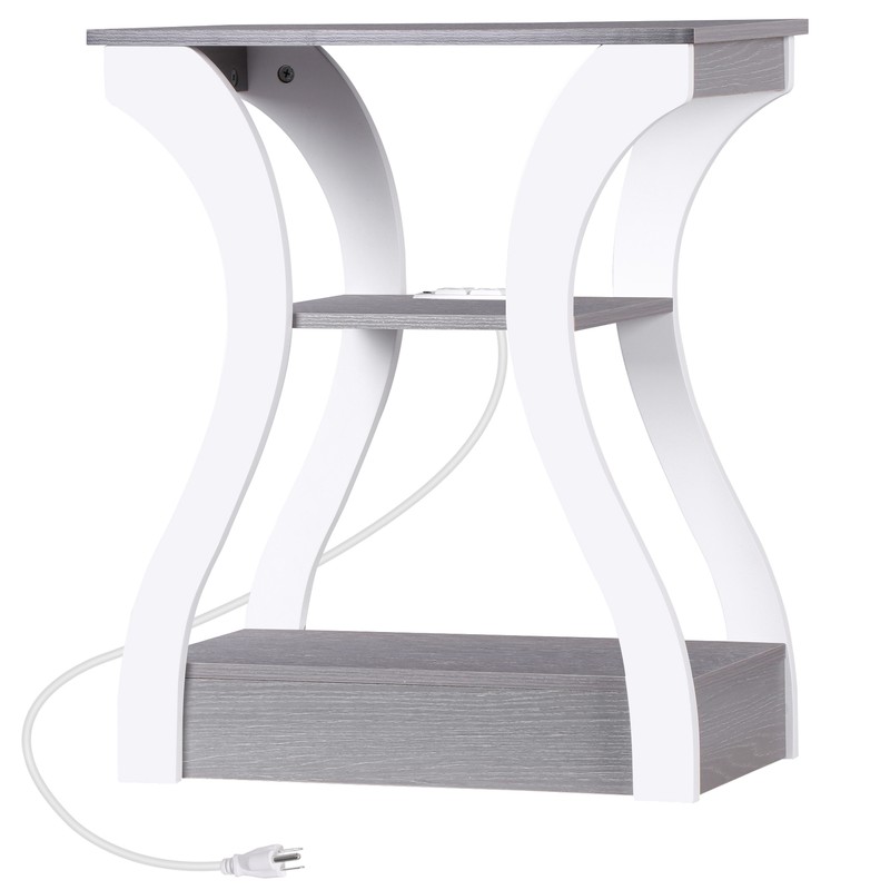 Farmhouse End Table Narrow Side Table w/Charging Station for Bedroom Grey+White gallery