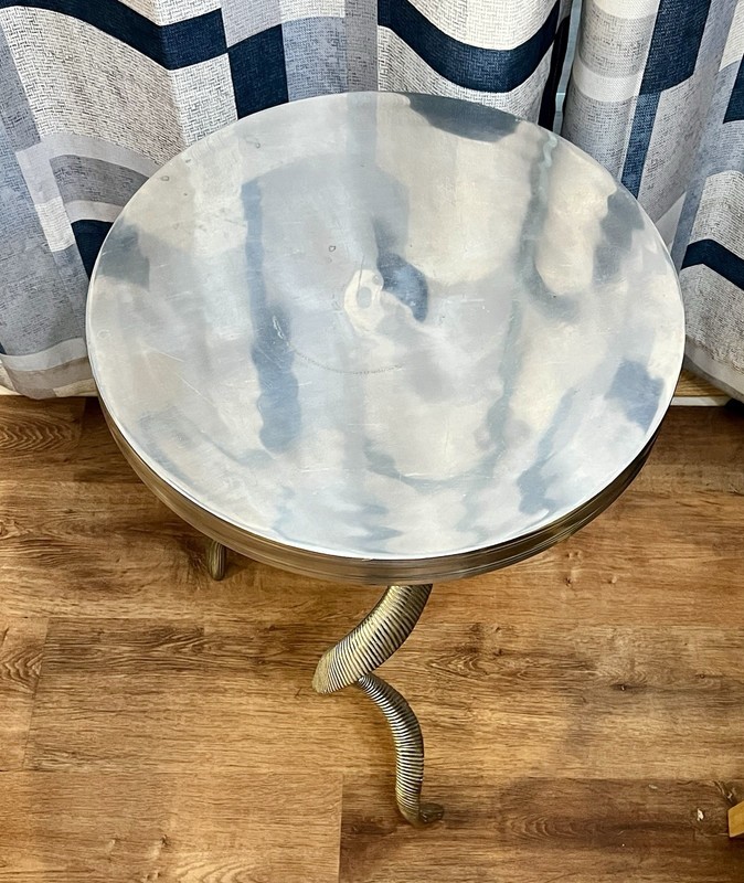 Vintage 80s French Gueridon Faux Horn Aluminum Tripod Side Accent Table gallery