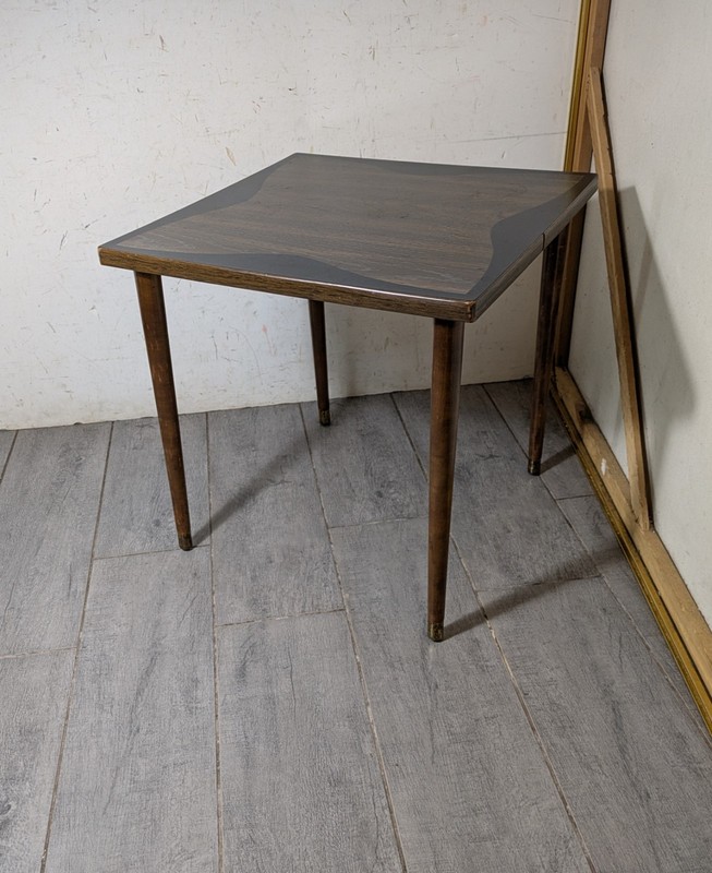 Vintage Mid Century Modern Formica Table Bowtie Top Tapered Legs Walnut D53 gallery