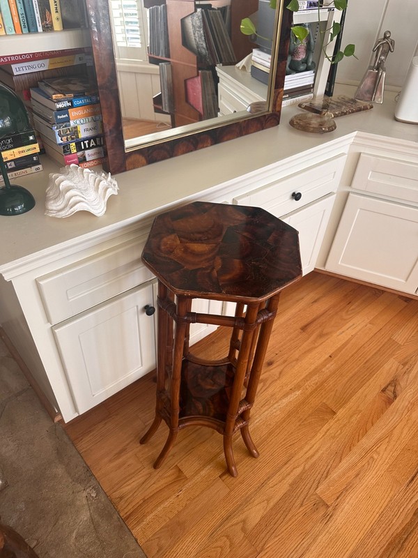 Vintage Palecek Bamboo Rattan Chinoiserie Octagonal Pedestal Table /Plant Stand