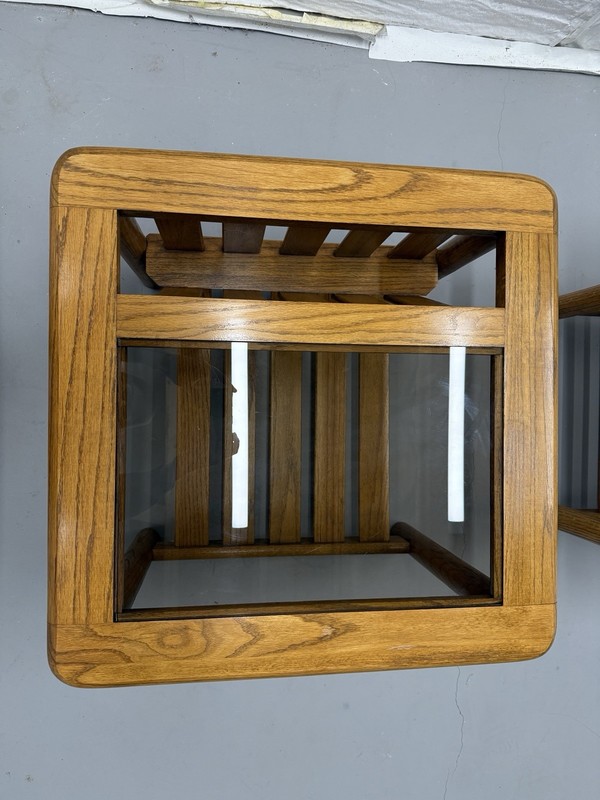 1970's Mersman Solid Oak & Smoked Glass End Tables / Magazine Table Set gallery
