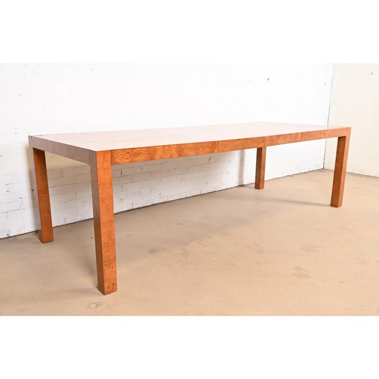 Milo Baughman Style Burl Wood Parsons Dining Table by Lane, Newly Refinished gallery