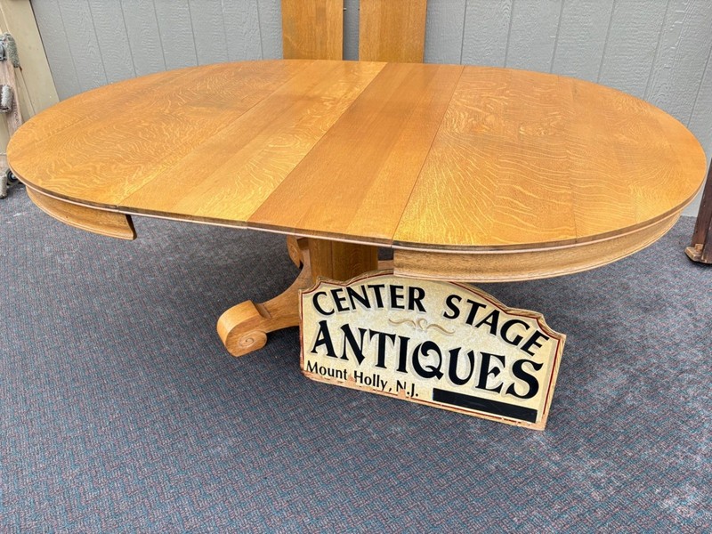 67359 Antique Round Oak Dining Table with Pedestal Base and 4- 12'" Wide Leaves gallery