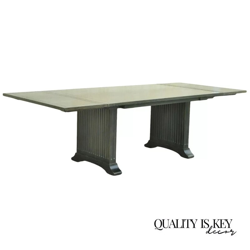 Gothic James Mont Style Green Cerused Oak Pedestal Dining Table by Enkeboll