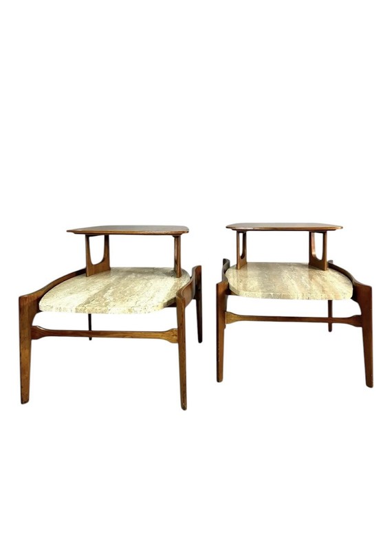 Mid Century Bertha Schaefer Walnut Travertine Top Step Side End Tables Stands