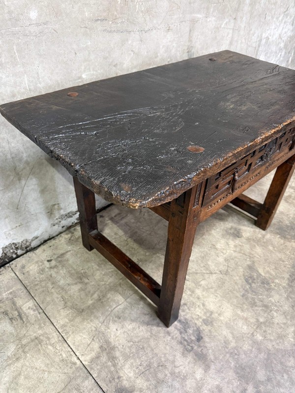 18th C. Spanish Beautifully Rustic Carved-Wood Trestle-Leg Table with Drawer gallery