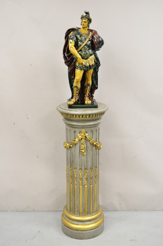 Italian Neoclassical French Empire Grey & Gold Painted Wooden Column Pedestal gallery