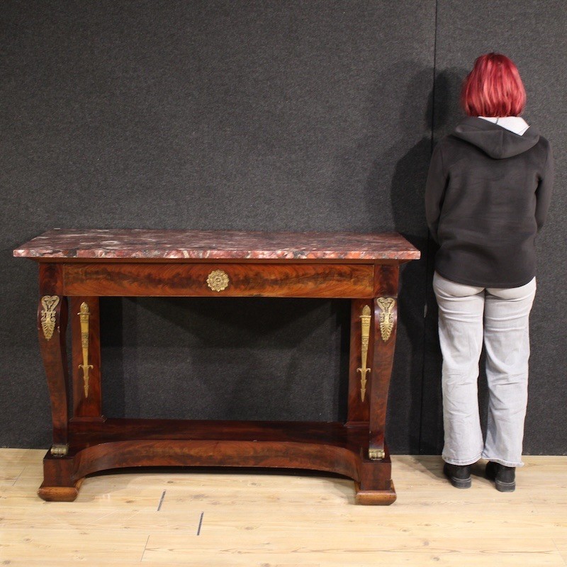 Antique console Italian table mahogany wood marble top Empire style 19th cent gallery