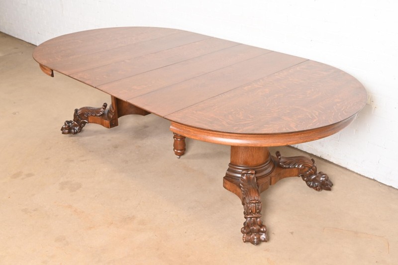George C. Flint Co. Antique Victorian Oak Split Pedestal Extension Dining Table gallery