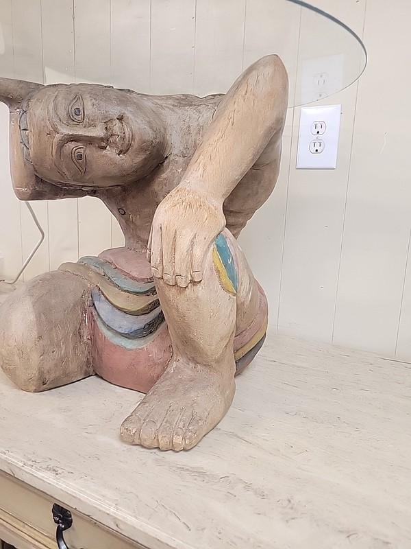 1960’s Polychrome Hand-Carved Wood Figural and Glass Coffee Table gallery