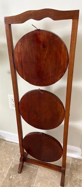 Antique Folding 3 Tier Walnut Wood Embossed Dessert/Cake/Pie/Plant Display Stand gallery