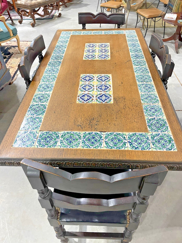 Spanish-Style Tile Inlay Wood Dining Table & 4 Chairs