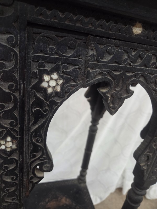 Antique Moorish Syrian Tiered Stand Inlaid Mother of Pearl Carved Plant Table gallery