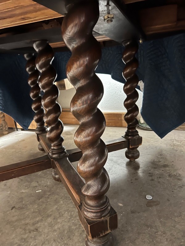 antique barley twist oak dining table chairs & leaves original finish rare set gallery