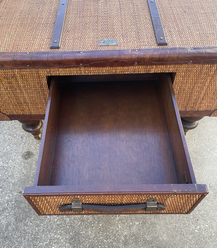 Stiles Bros Safari Line Cocktail Table Mahogany Rattan Leather Brass 1880s Style gallery
