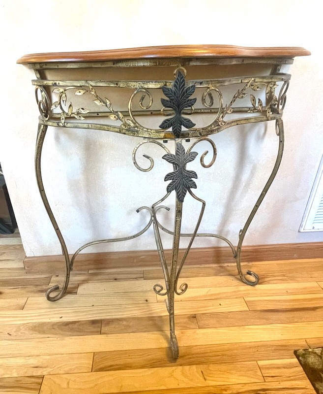 Brown Wood and Metal Hallway Wall-leaning Table & Matching Mirror Antique Set gallery