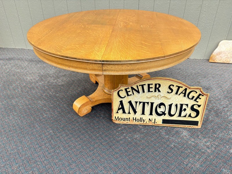 67359 Antique Round Oak Dining Table with Pedestal Base and 4- 12′” Wide Leaves