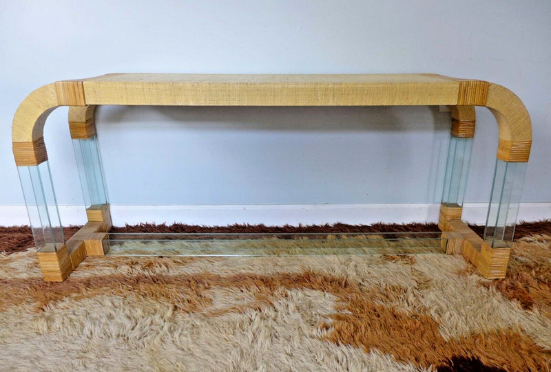 Waterfall Console Table Hollywood Regency Rattan Grasscloth and Glass Vintage