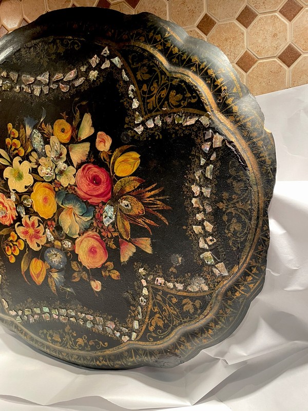 Rare Antique English Victorian Tilt Table Top- Paper Mache & Pearl gallery