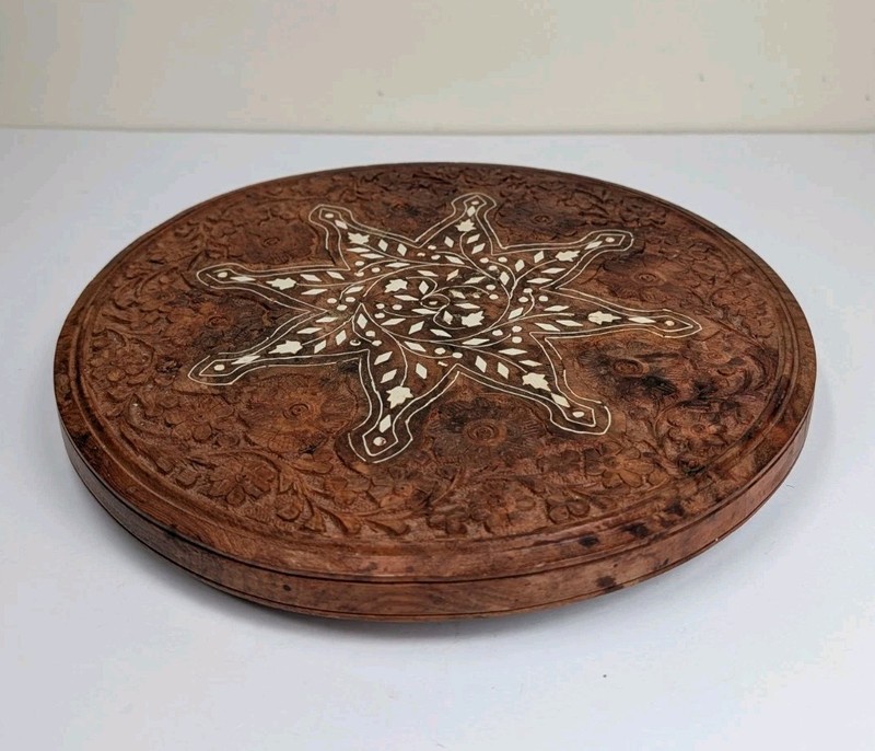 Vintage Wooden Round Table Top Hand Carved Mother Of Pearl Inlay (Top Only) gallery