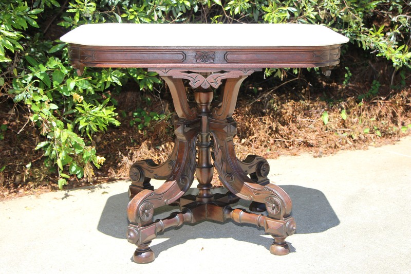 Large Fancy Walnut Victorian Marble Top Table with Ornate Stretcher Base Ca.1870 gallery