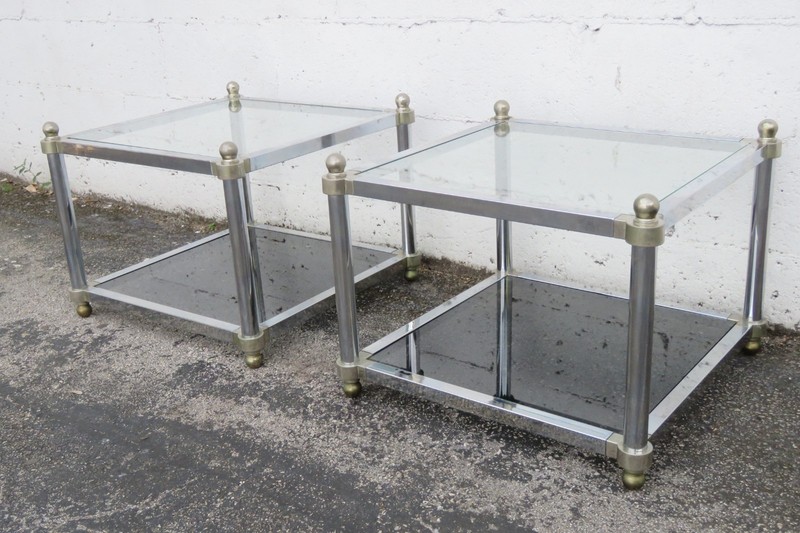 Hollywood Regency Chrome Glass Top Side Tables a Pair 6256