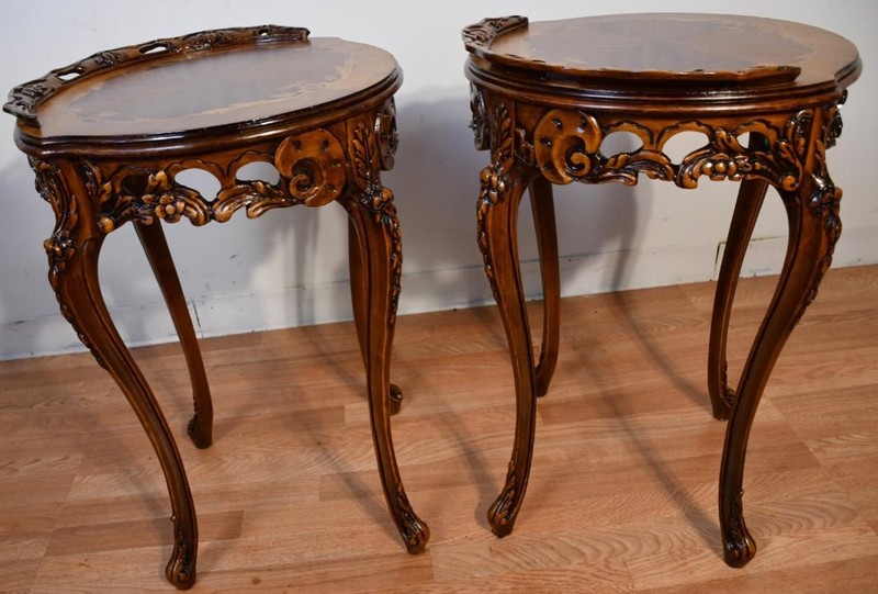 1910s Antique French Louis XV Walnut & Satinwood inlay PAIR of Side / end tables gallery
