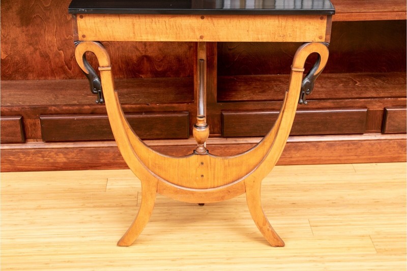 Neoclassical Swan Head Figured Maple Demilune Console Table gallery