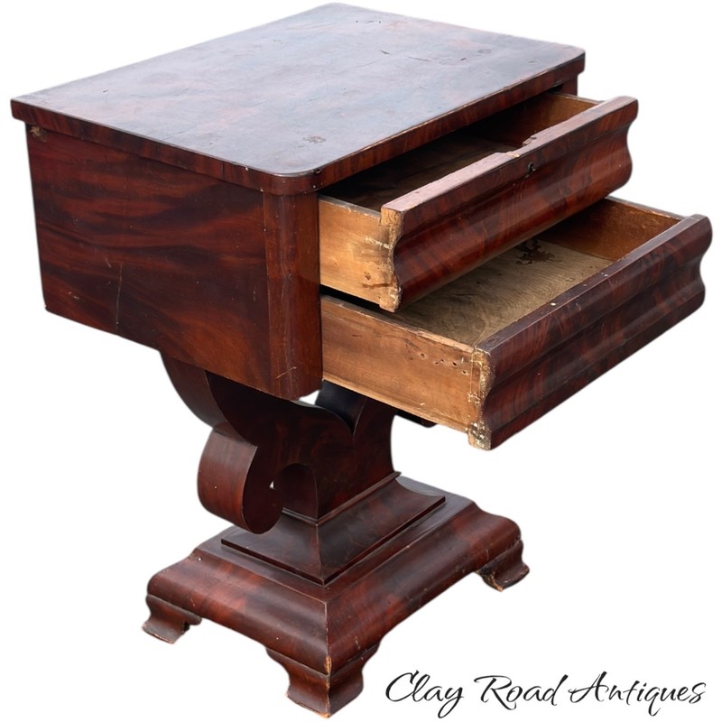 Antique empire table end stand flame mahogany 1840 2 drawer work sewing gallery